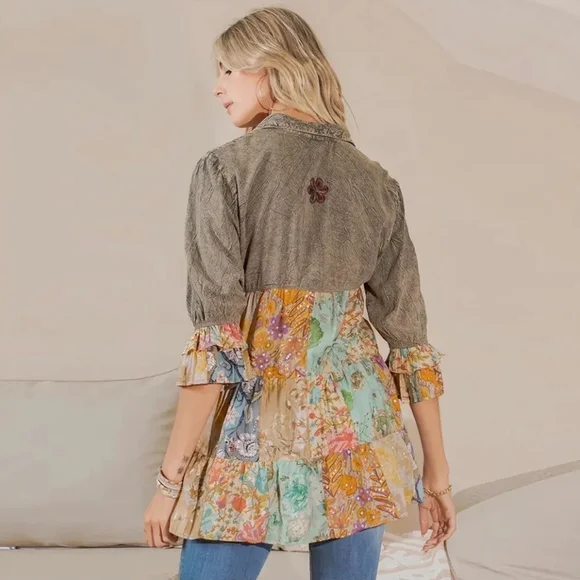 NEW!!! Boho Patchwork Button-Front Tunic Top in Olive Pink Multi, Sz XL - Picture 2 of 2